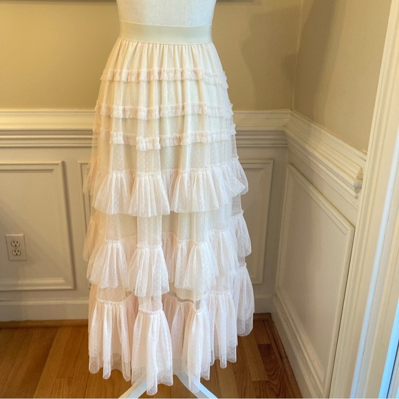 BOUTIQUE Light Pink Tiered Ruffle Swiss Dot Tulle Midi Maxi Skirt - Picture 5 of 10